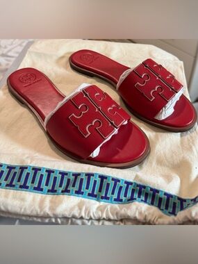NWT Tory Burch Red Double T Leather Slide Sandals Size 8